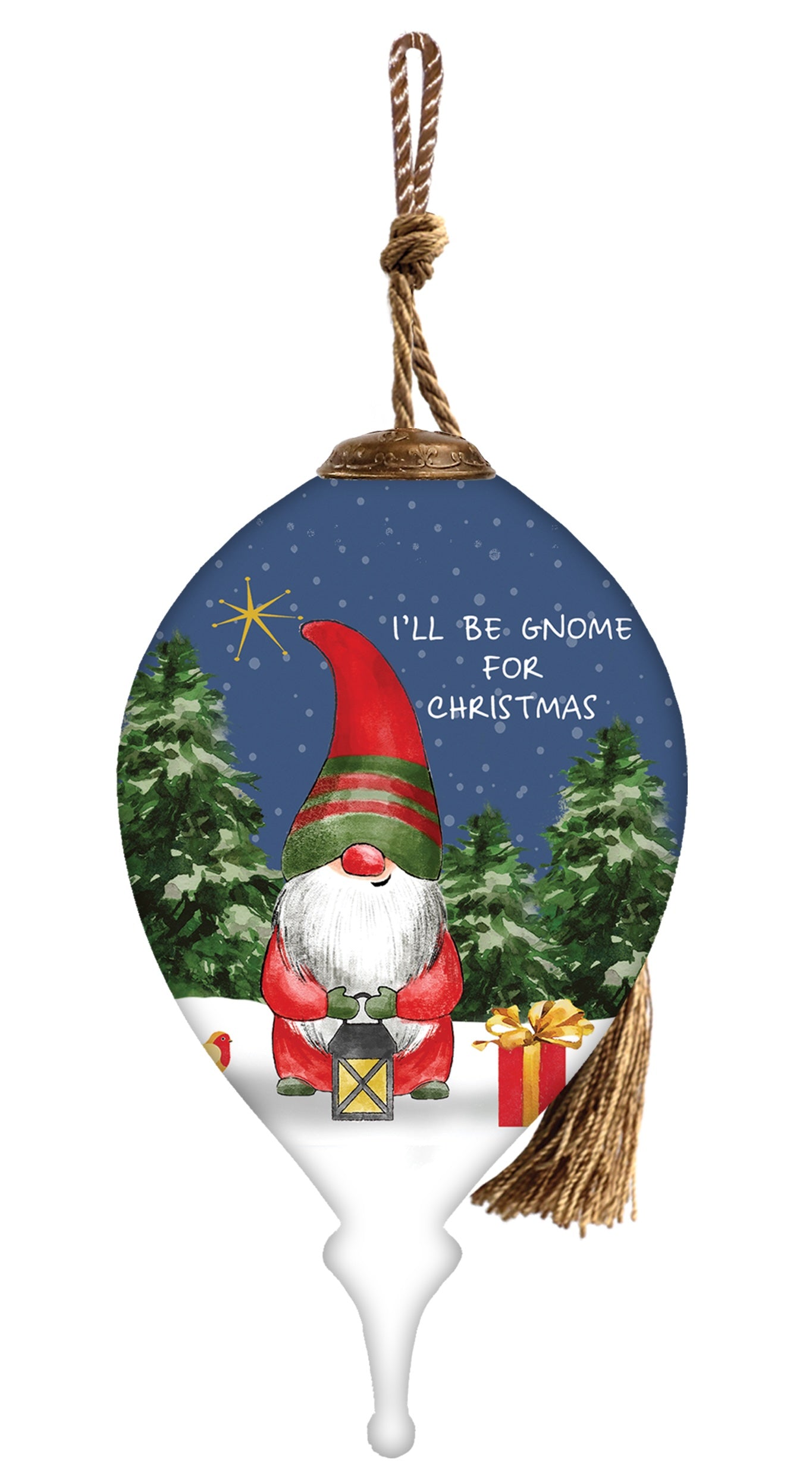 Hand-painted glass ornament featuring a gnome with a lantern in a snowy forest scene with the text "I'll Be Gnome for Christmas."