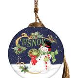 Hand-painted glass ornament featuring a joyful snowman with a wreath and candy cane, against a snowy night sky with "Let It Snow" in festive script.