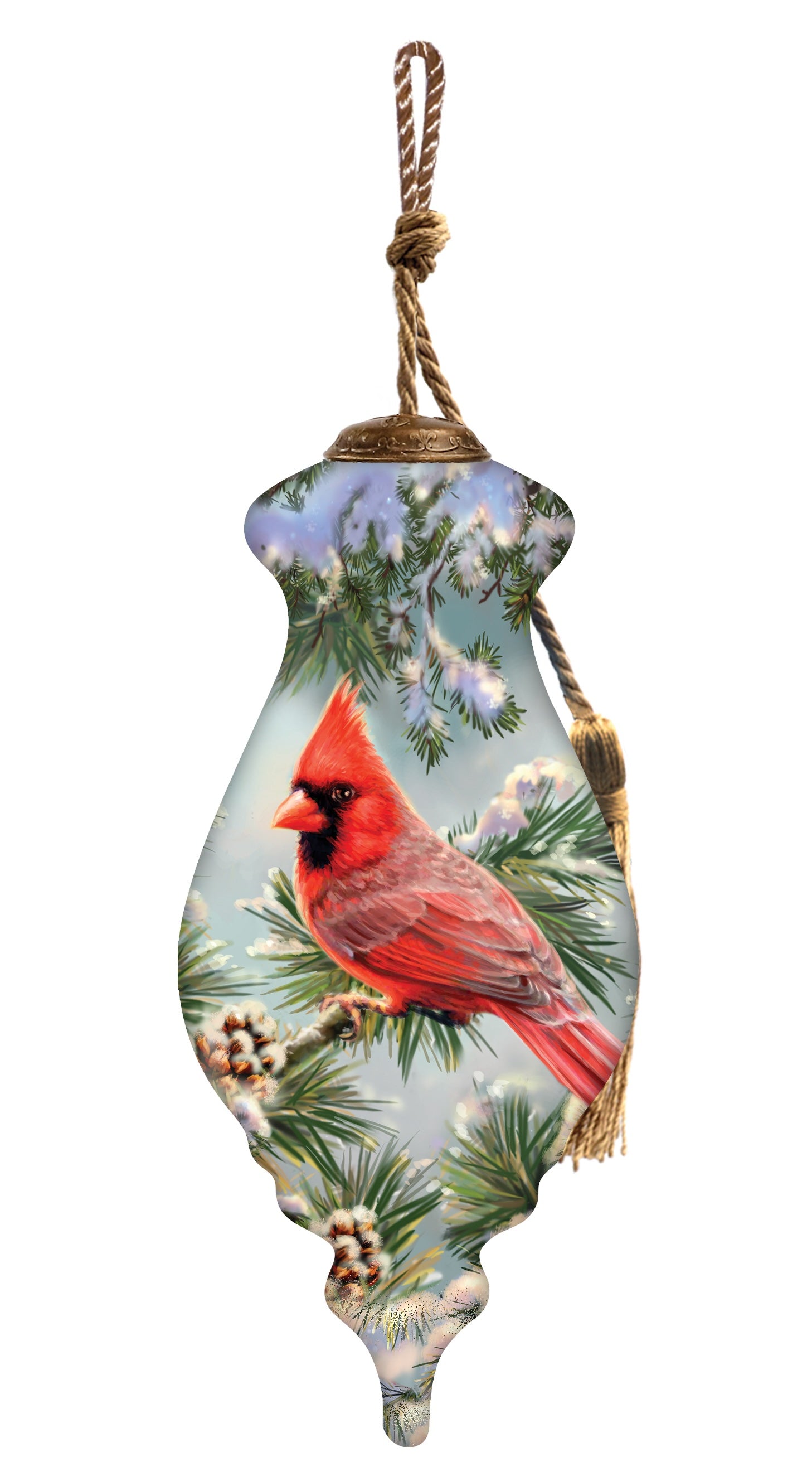 Hand-painted glass ornament featuring a red cardinal perched in frosty pine branches with snow-covered pinecones.