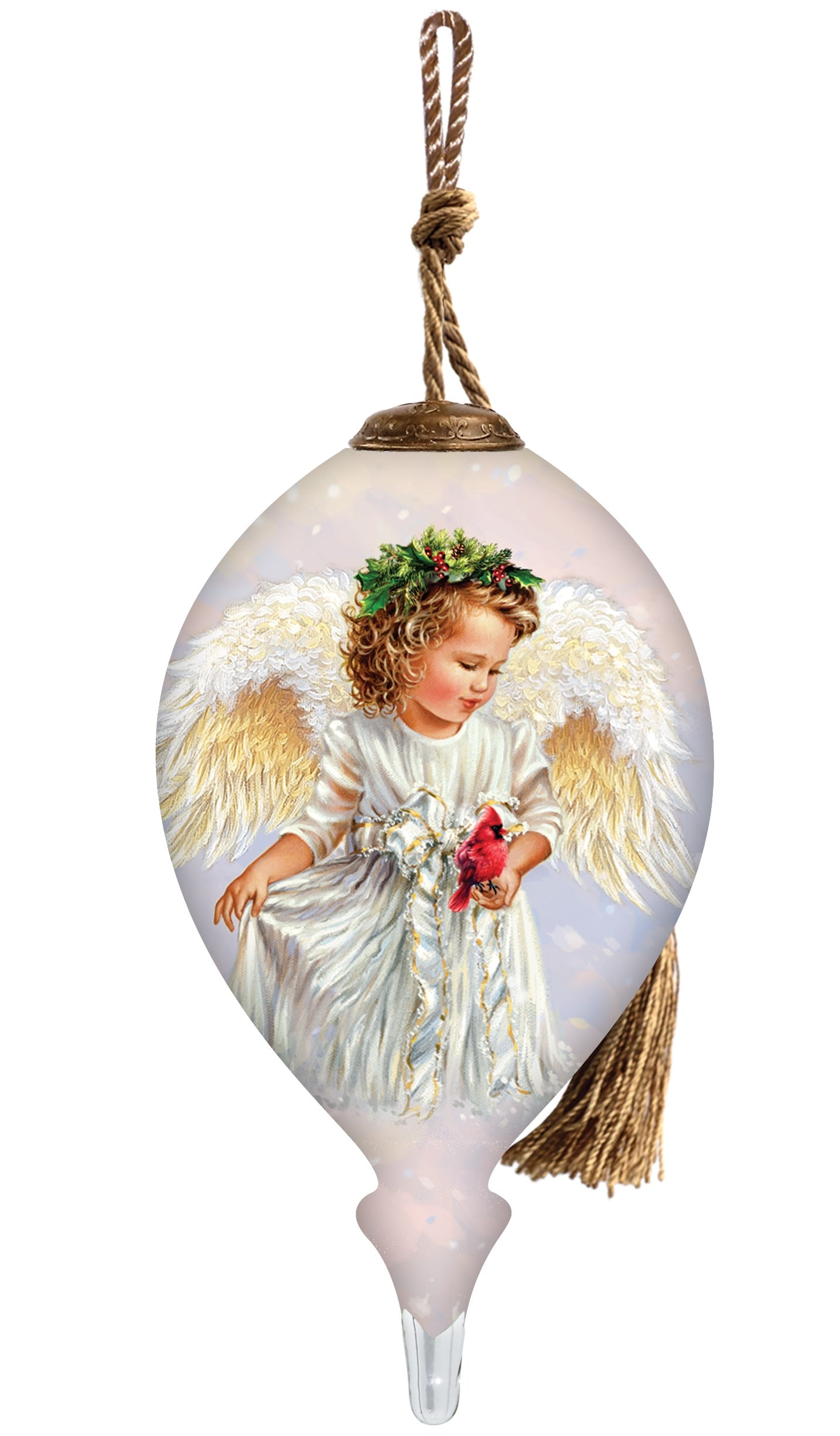 Hand-painted glass ornament featuring an angel with golden wings holding a red cardinal, adorned with a festive wreath crown.
