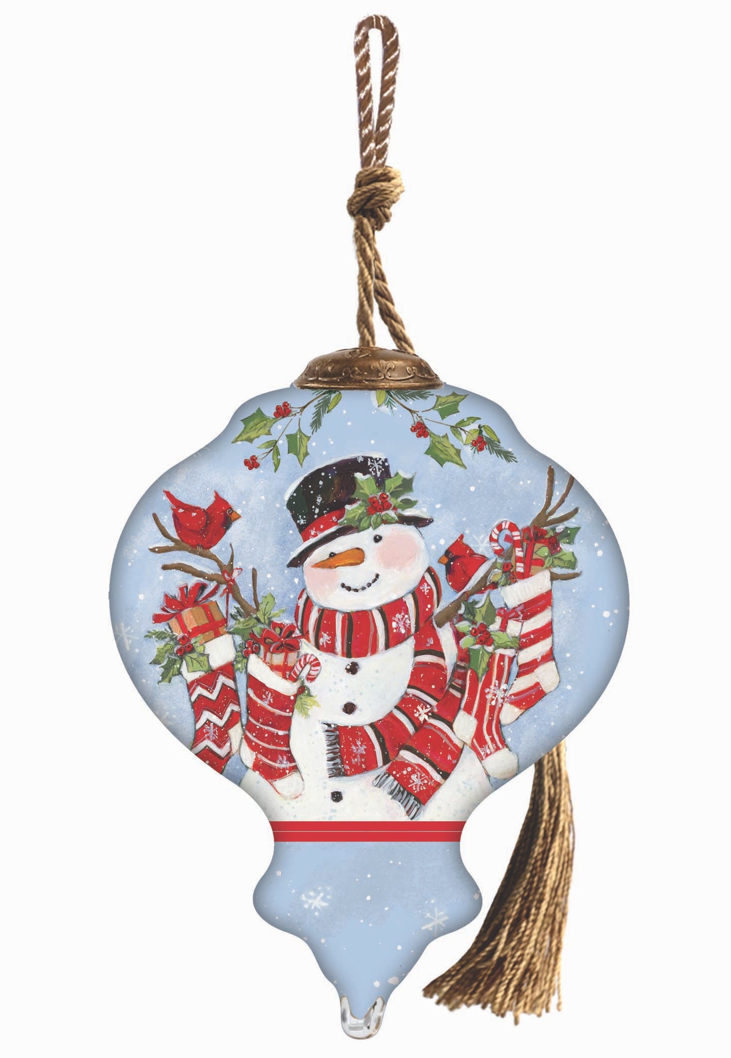 Hand-painted glass ornament featuring Santa holding stockings filled with gifts, surrounded by festive holly in a snowy scene.