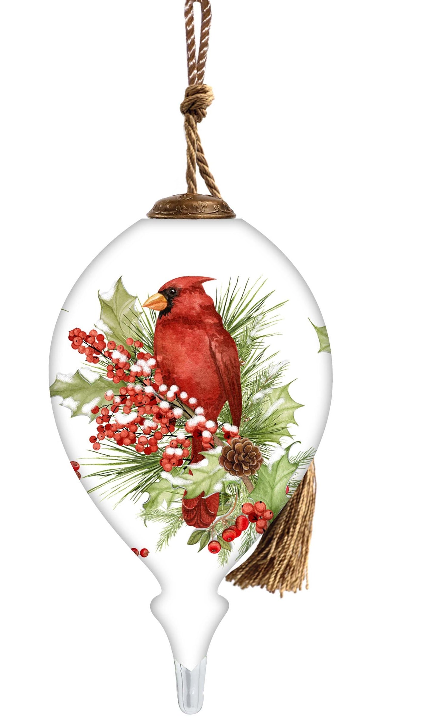 Hand-painted glass ornament featuring a red cardinal perched on festive greenery with holly, berries, and pinecones.