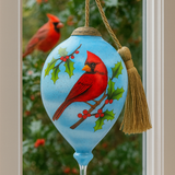 Cardinal on Branches Hand Painted glass Ornament