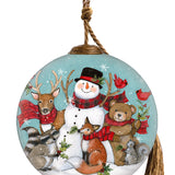 Forest Friends Snowman with Woodland Animals Glass Ornament