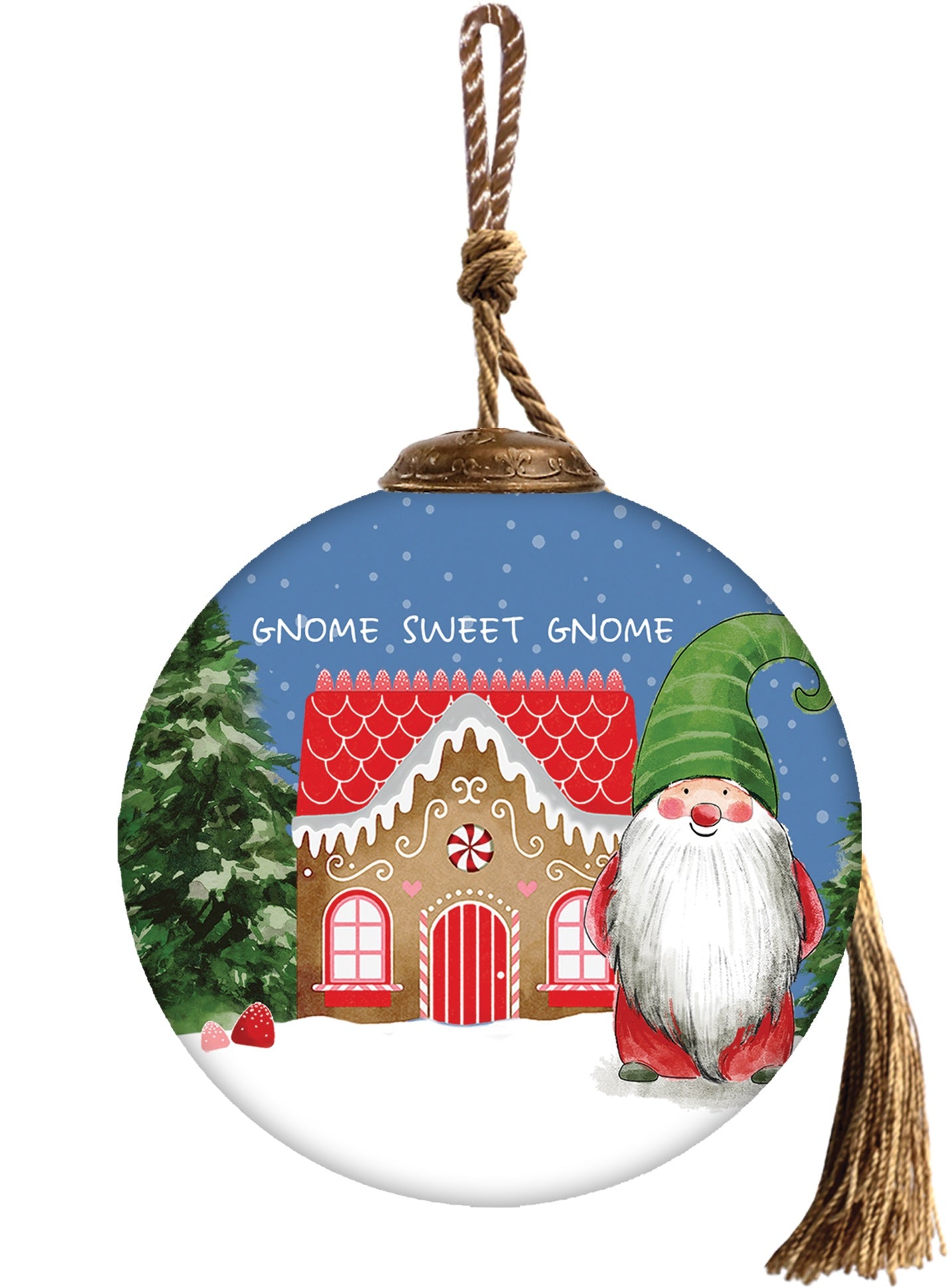 Hand-painted glass ornament featuring a gingerbread house and a gnome with the text "Gnome Sweet Gnome."