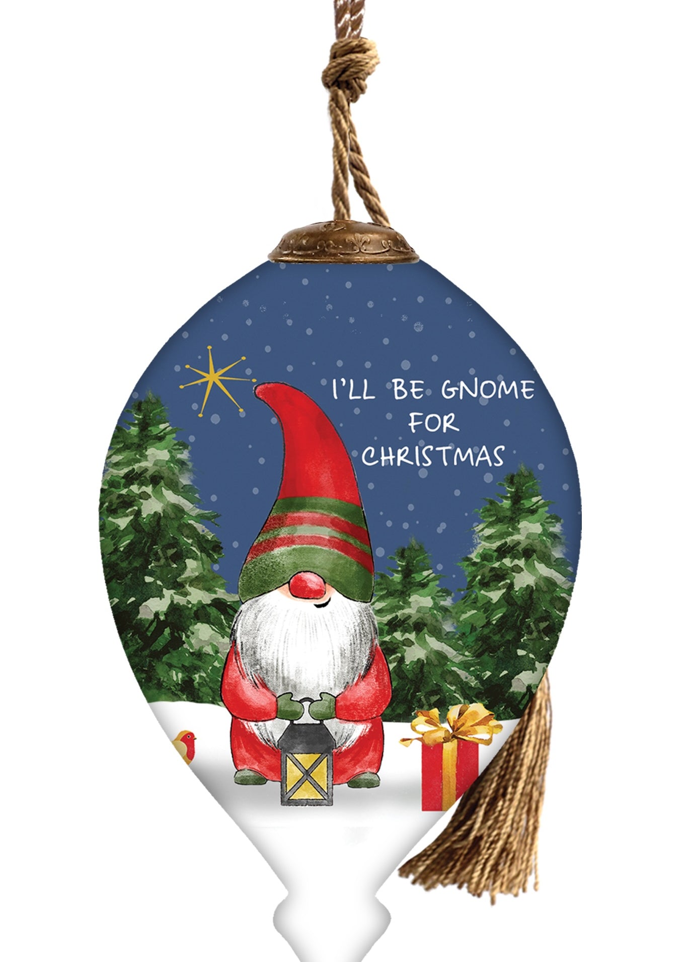 Hand-painted glass ornament featuring a gnome with a lantern in a snowy forest scene with the text "I'll Be Gnome for Christmas."