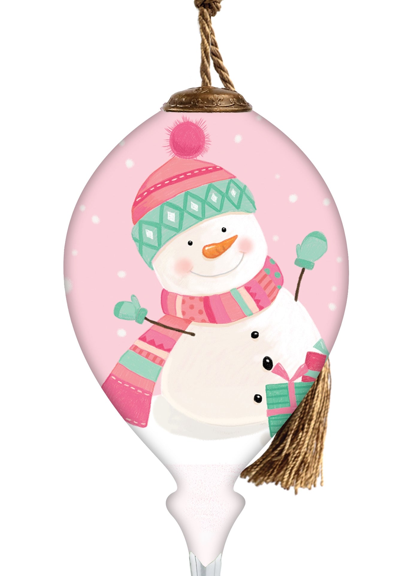Hand-painted glass ornament featuring a cheerful snowman in a pink hat and scarf on a light pink background.