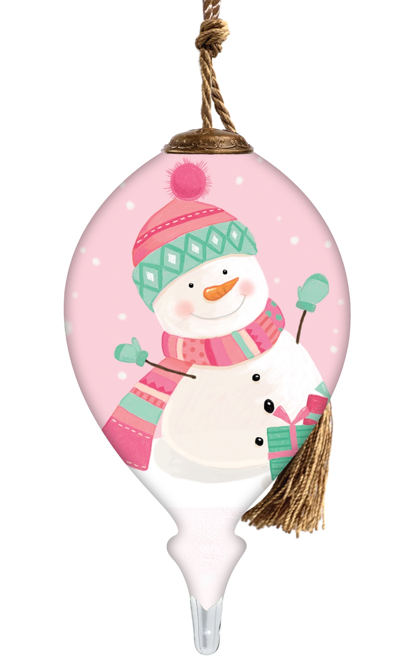 Hand-painted glass ornament featuring a cheerful snowman in a pink hat and scarf on a light pink background.