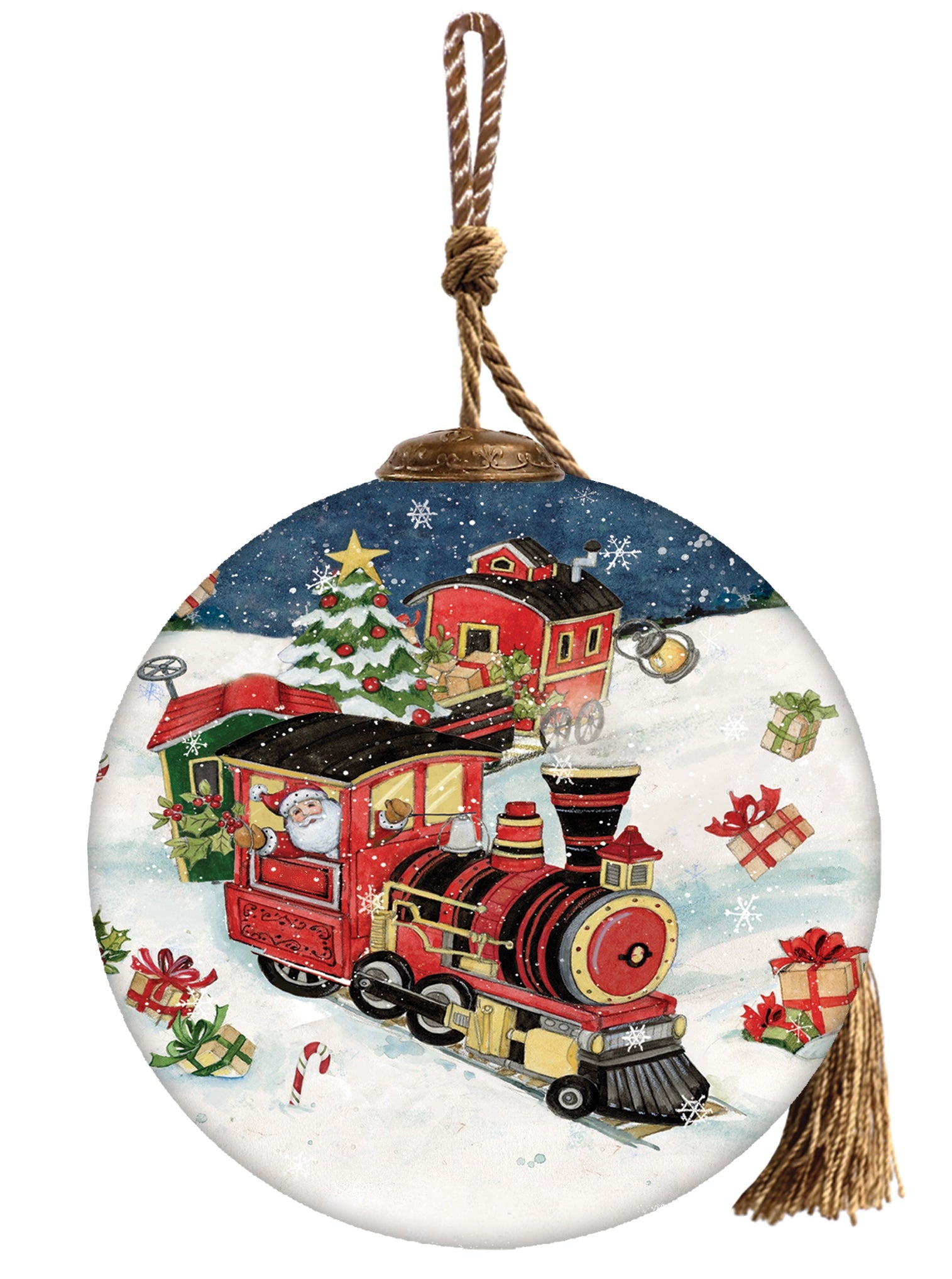 Hand-painted glass ornament featuring Santa driving a festive red train through a snowy scene with presents and a Christmas tree.
