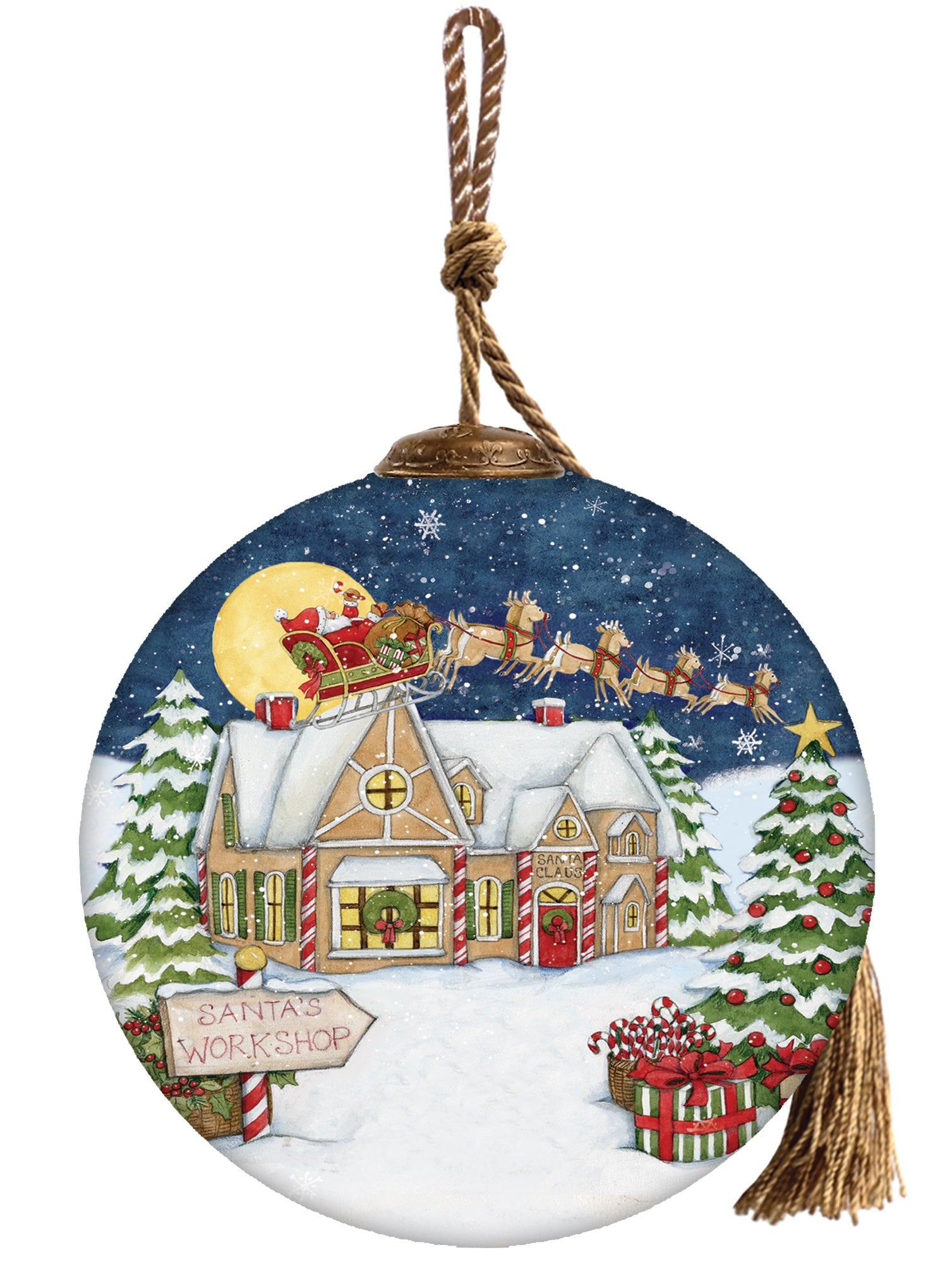 Hand-painted glass ornament featuring Santa flying in his sleigh over a snow-covered workshop, surrounded by festive Christmas trees and presents.