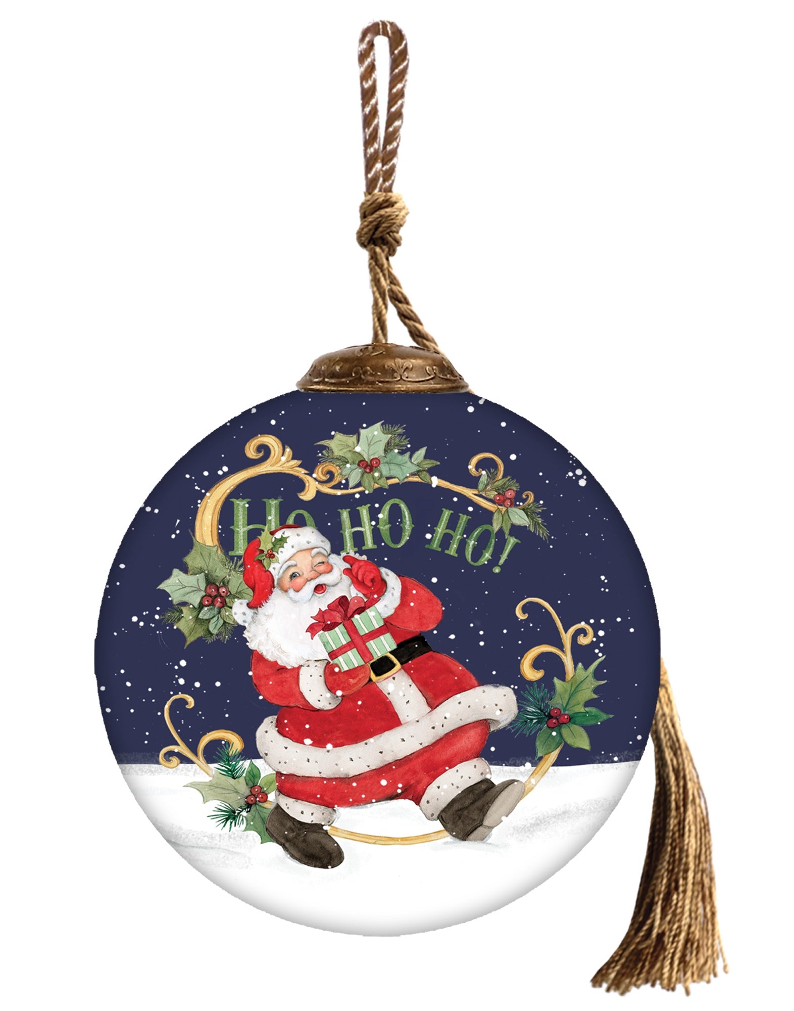Hand-painted glass ornament featuring a joyful Santa Claus holding a gift, with "Ho Ho Ho" written above, set against a snowy night sky.