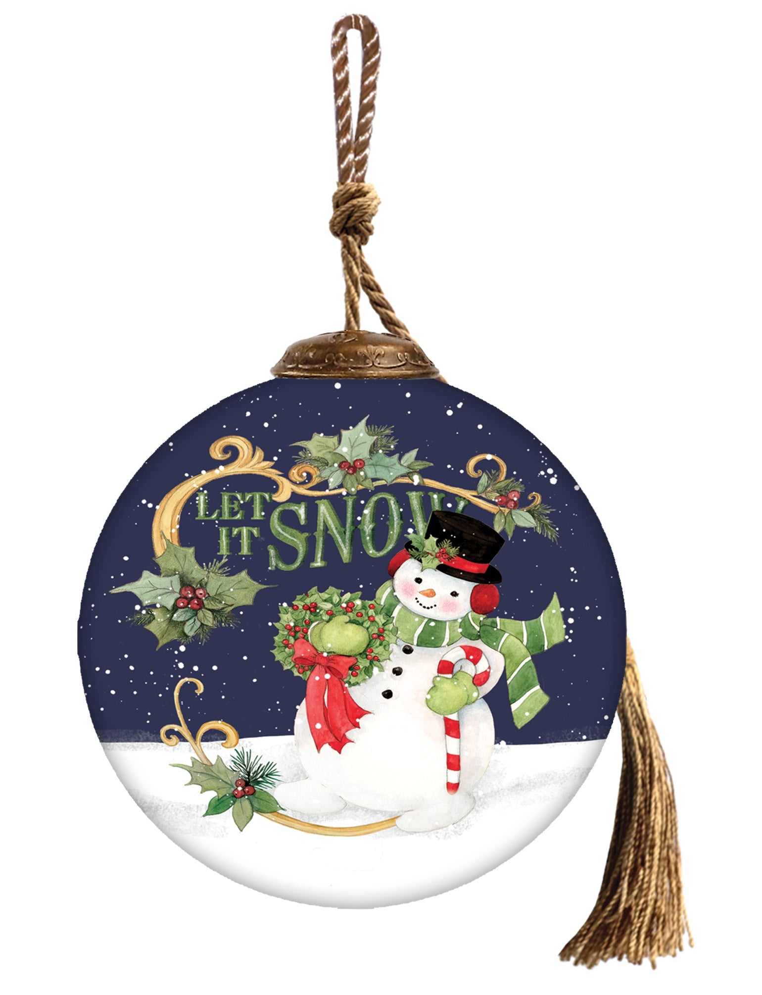 Hand-painted glass ornament featuring a joyful snowman with a wreath and candy cane, against a snowy night sky with "Let It Snow" in festive script.