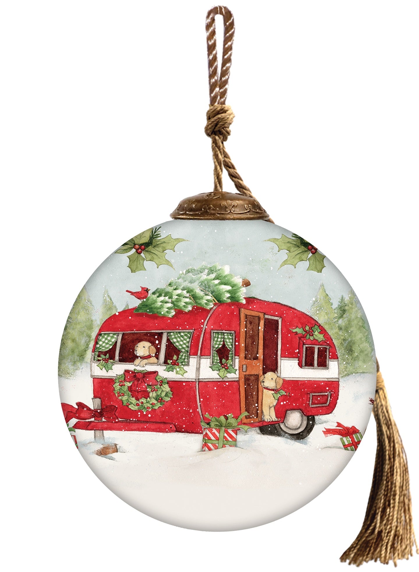 Festive glass ornament featuring a red Christmas camper with two puppies, a snow-covered tree on top, and holiday decorations in a wintry scene.