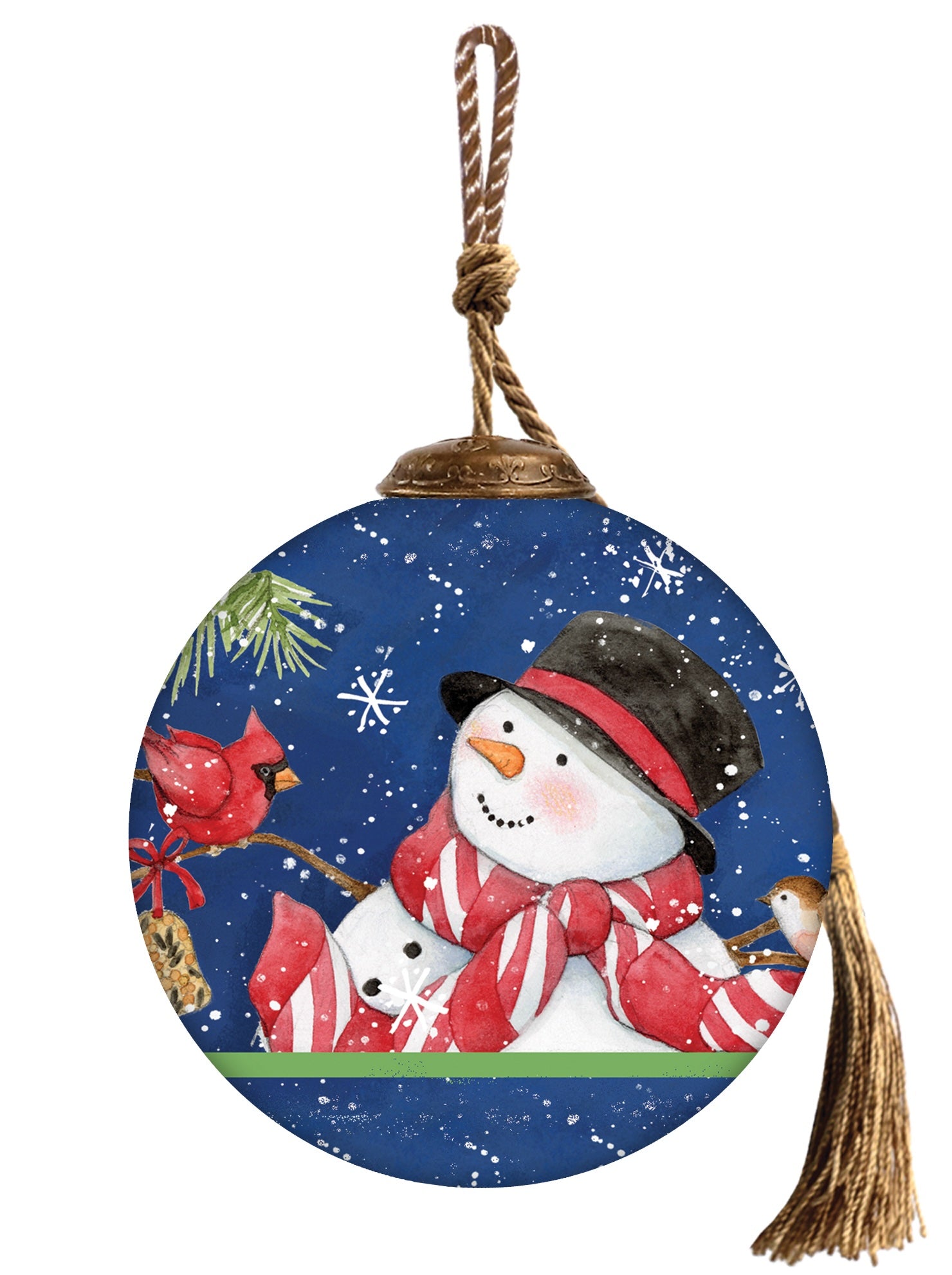 Hand-painted glass ornament featuring a joyful snowman in a red-striped scarf and a red cardinal perched on a branch against a snowy blue background.