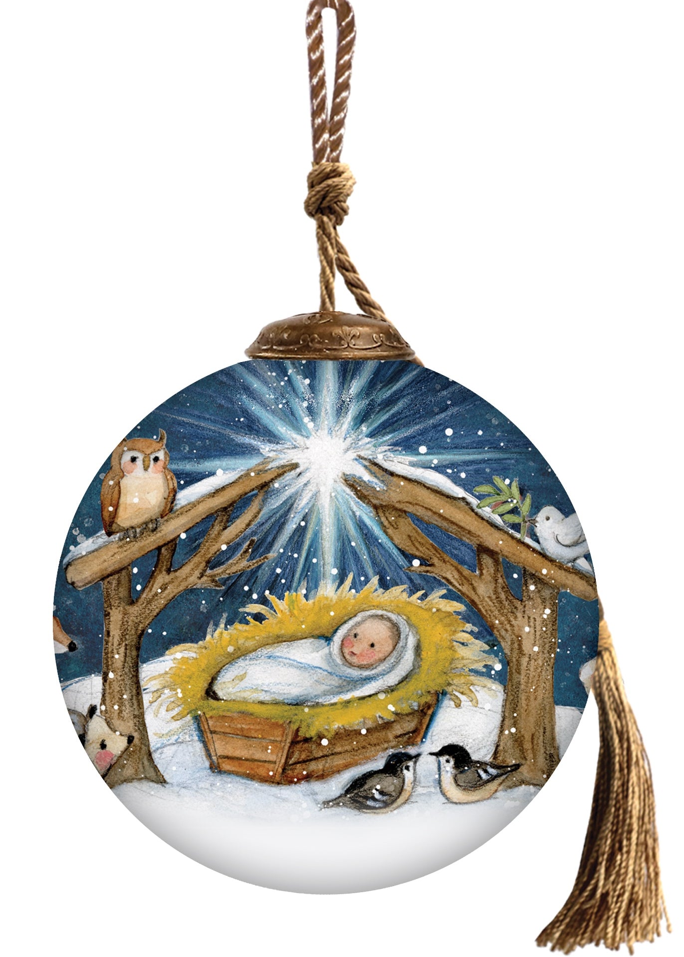 Nativity scene glass ornament with baby Jesus in a manger, Star of Bethlehem shining, and woodland animals surrounding the peaceful scene.