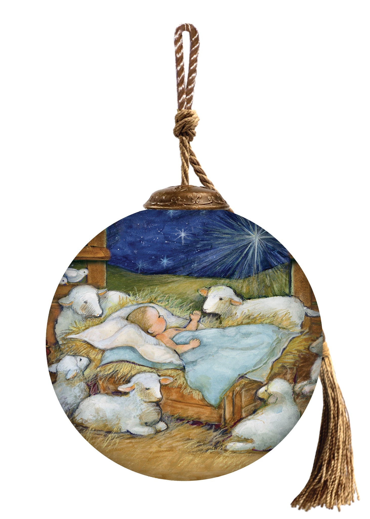 Glass ornament depicting baby Jesus sleeping in a manger, surrounded by lambs under a glowing star in a peaceful nativity scene.