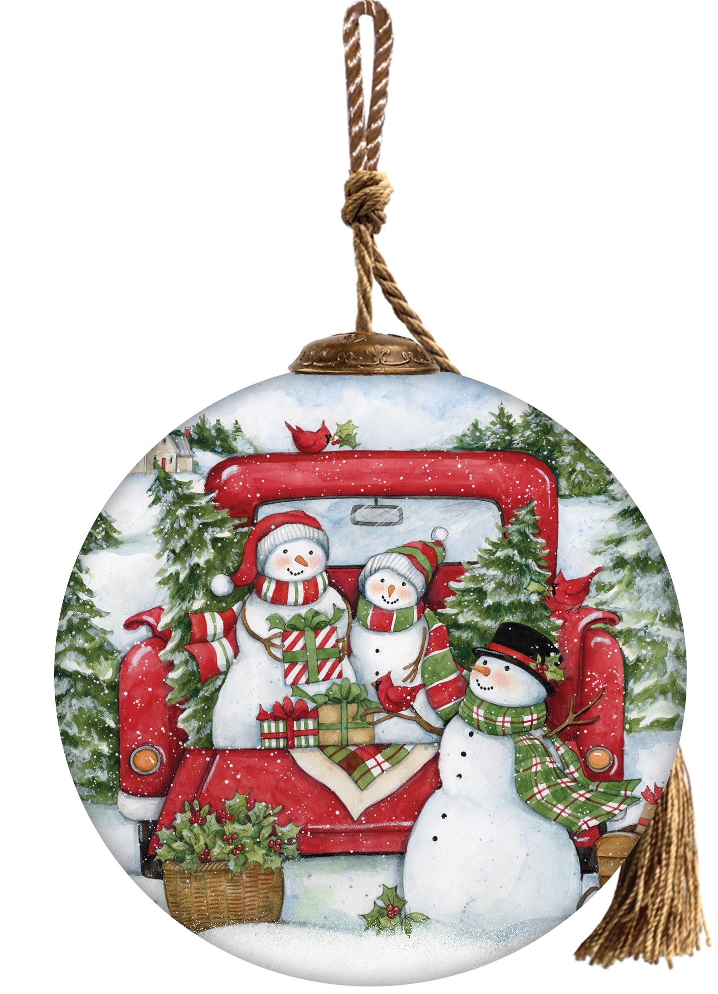 Hand-painted glass ornament featuring a snowman family sitting in the back of a red truck, surrounded by trees and presents in a snowy holiday scene.