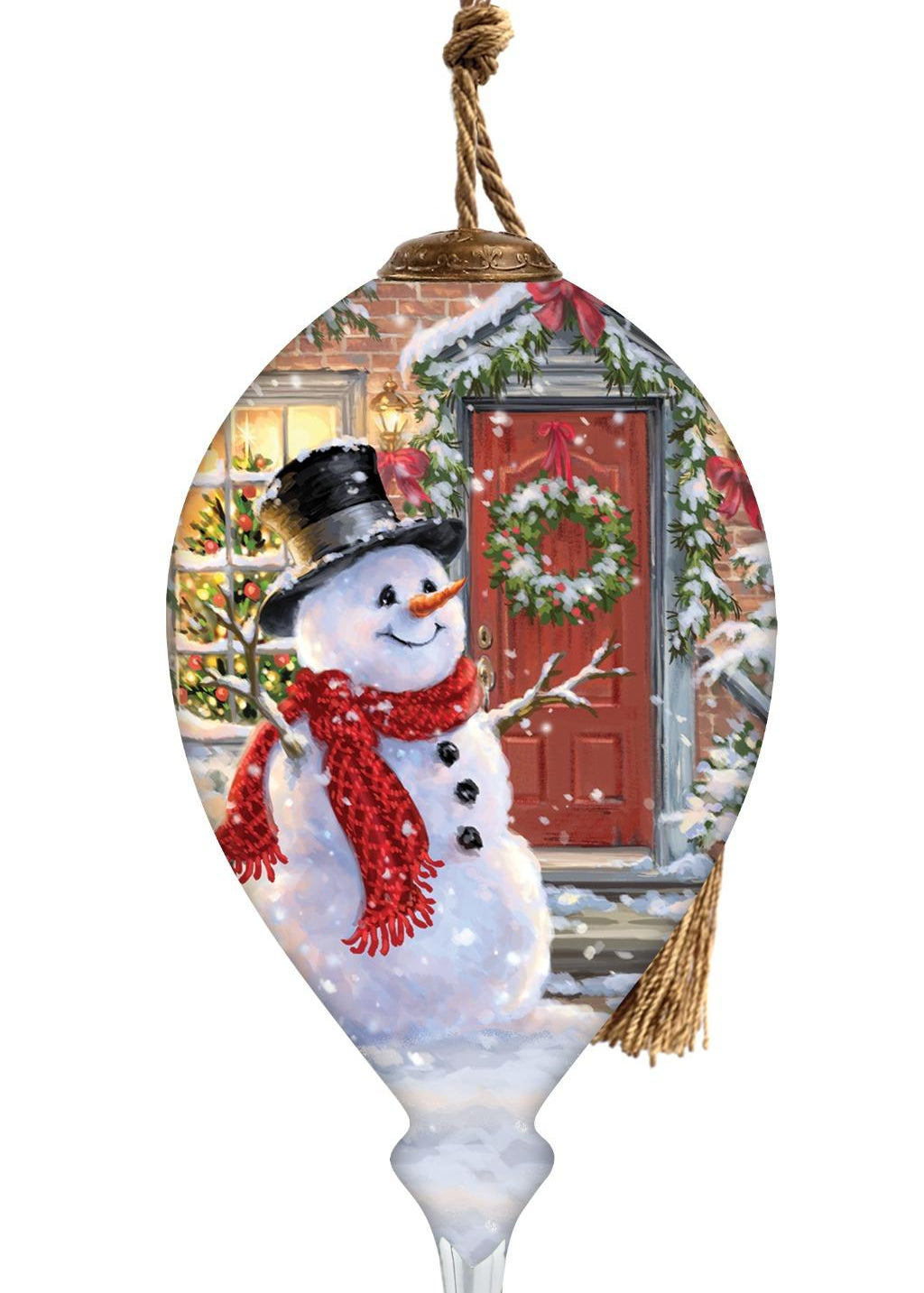 Hand-painted glass ornament featuring a snowman with a top hat and red scarf standing in front of a festive holiday door with a wreath.