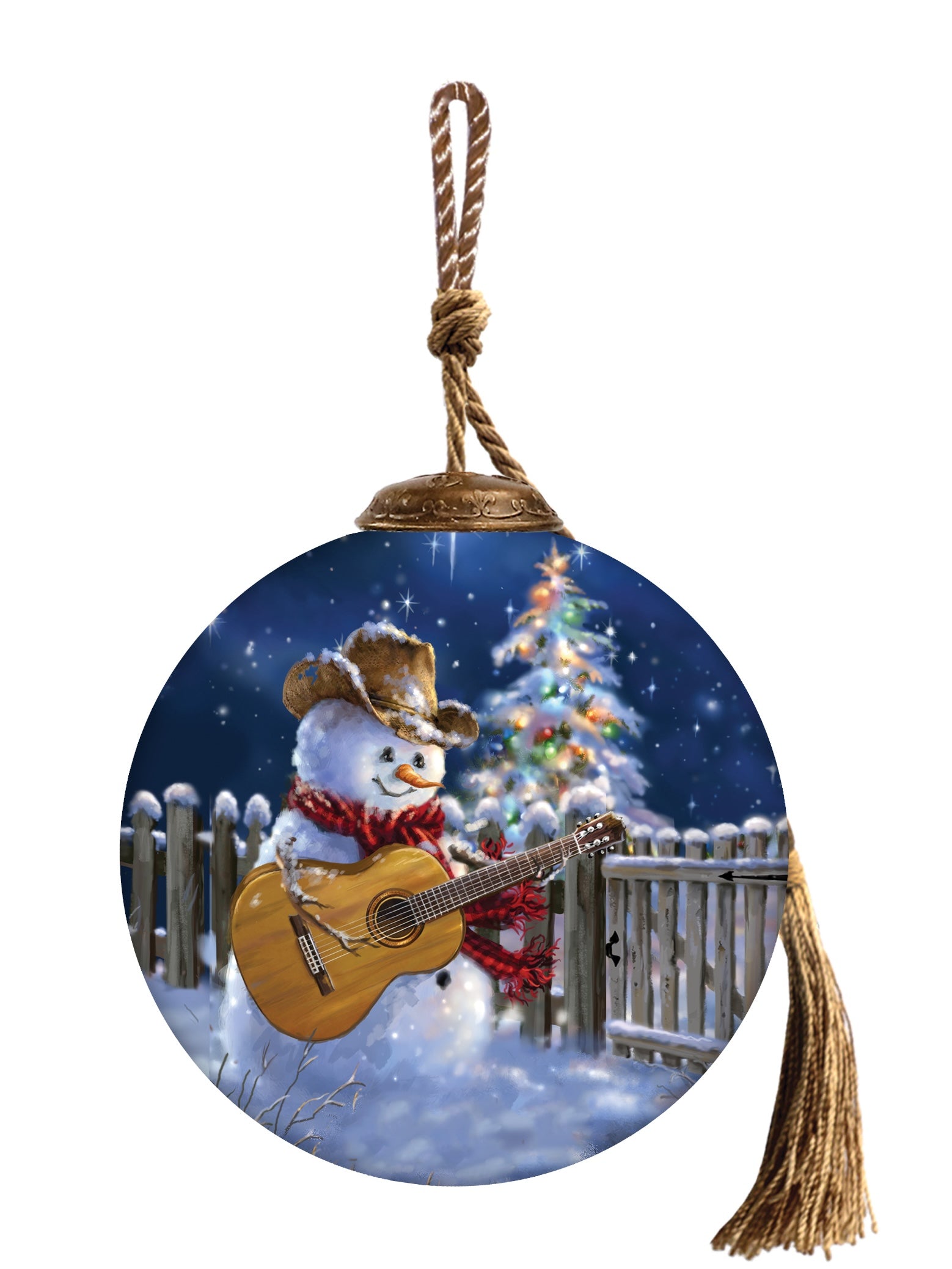 Hand-painted glass ornament featuring a cowboy snowman with a guitar under a starry Christmas night.