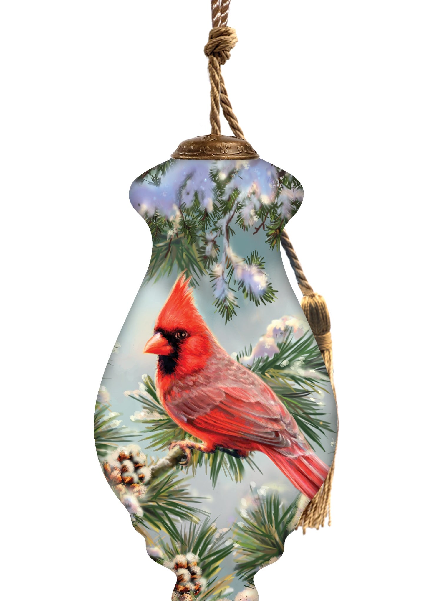 Hand-painted glass ornament featuring a red cardinal perched in frosty pine branches with snow-covered pinecones.