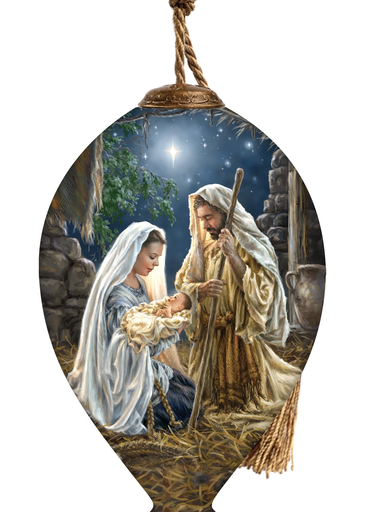 Hand-painted glass ornament featuring the nativity scene with Mary, Joseph, and baby Jesus under the star of Bethlehem in a peaceful setting.