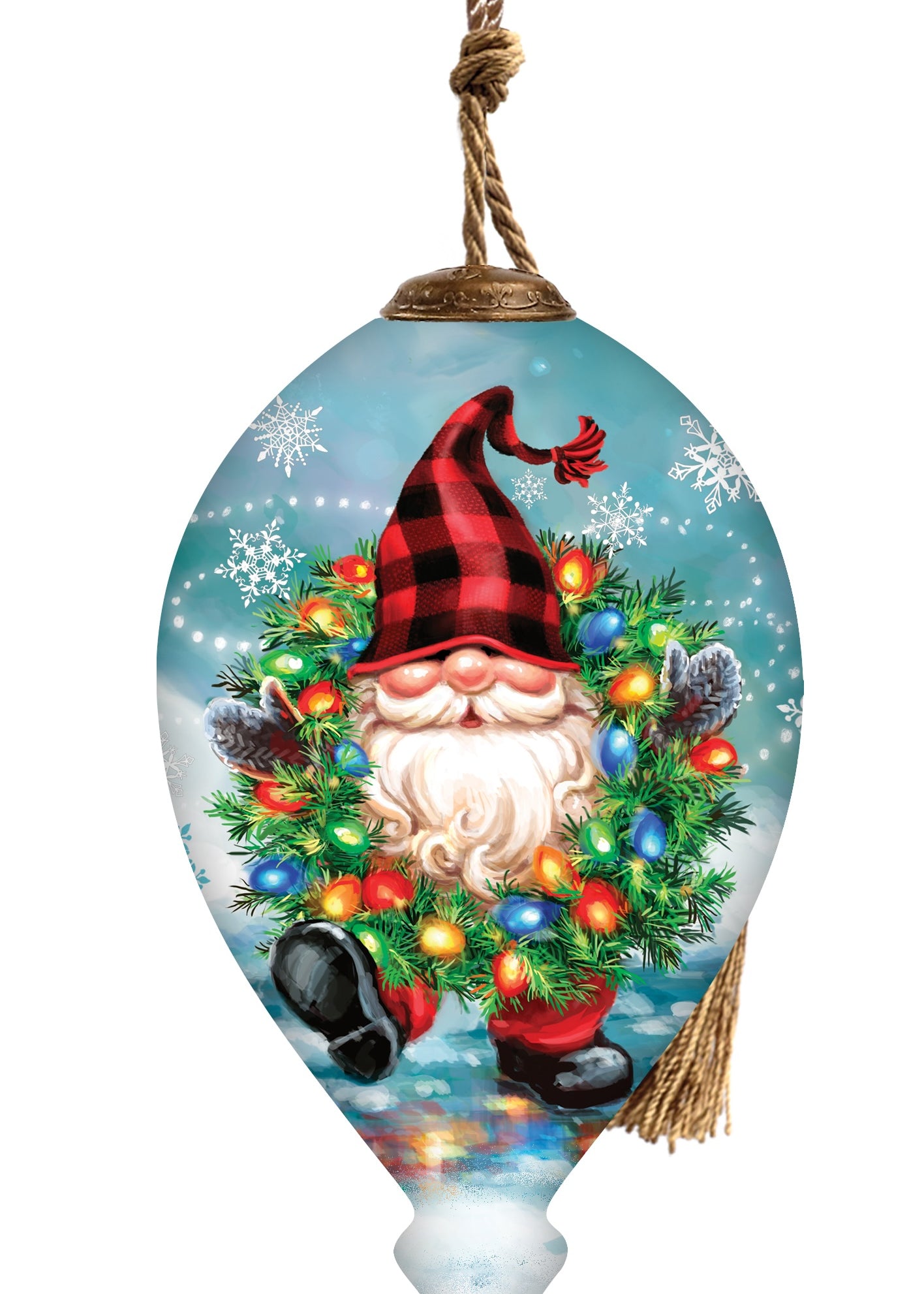 Hand-painted glass ornament featuring a festive gnome holding a wreath decorated with colorful Christmas lights against a snowy backdrop.