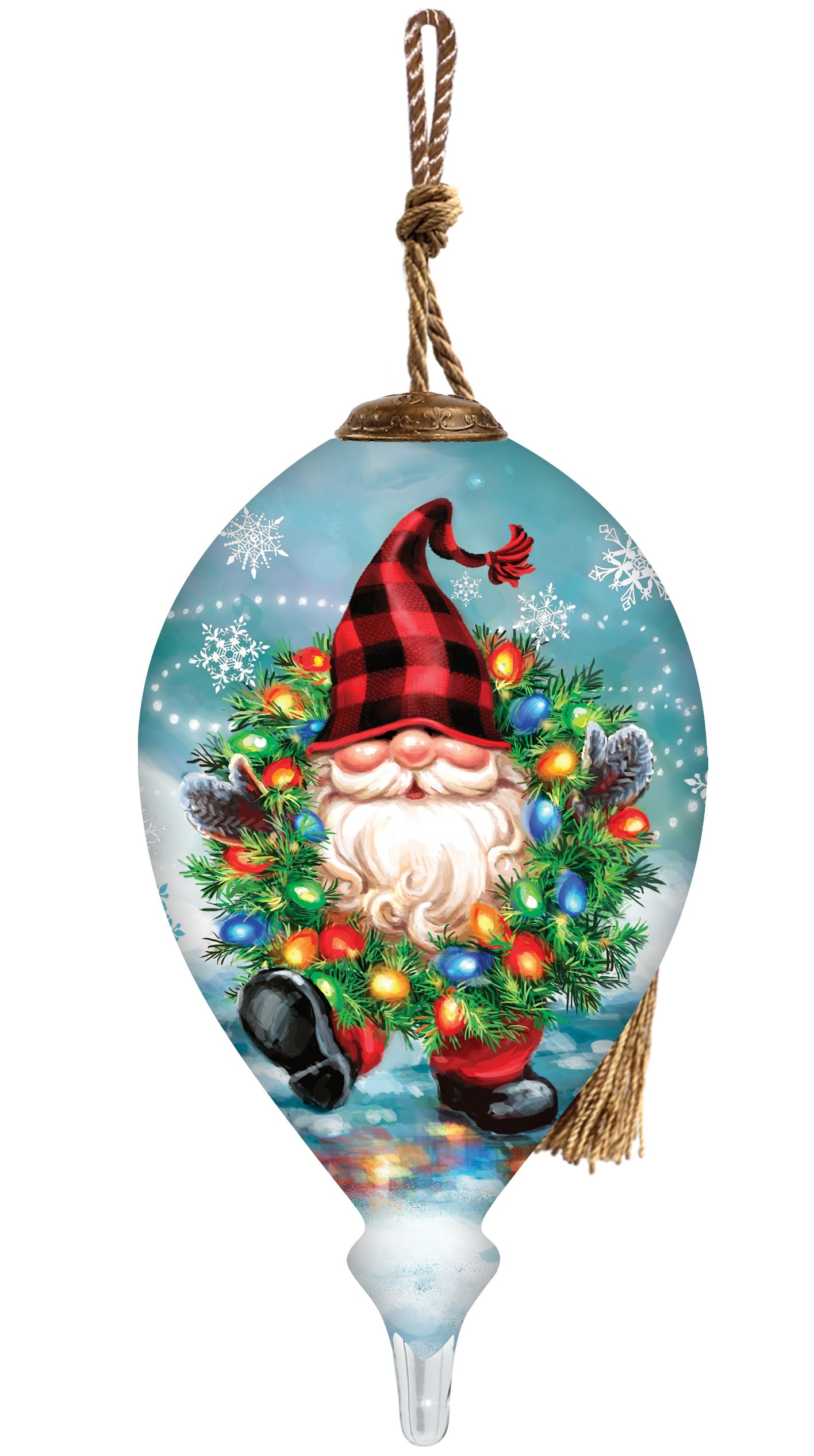 Hand-painted glass ornament featuring a festive gnome holding a wreath decorated with colorful Christmas lights against a snowy backdrop.