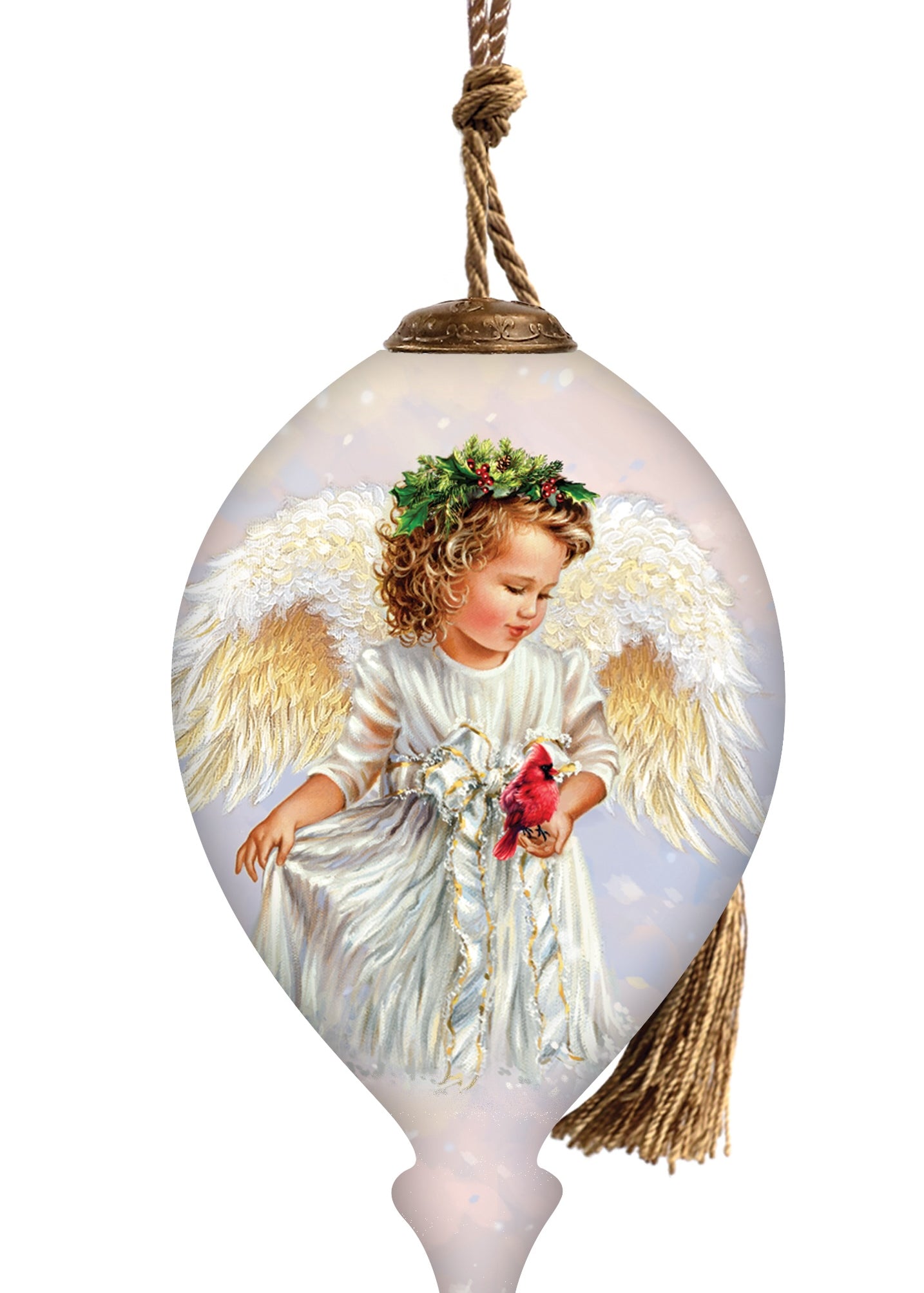 Hand-painted glass ornament featuring an angel with golden wings holding a red cardinal, adorned with a festive wreath crown.