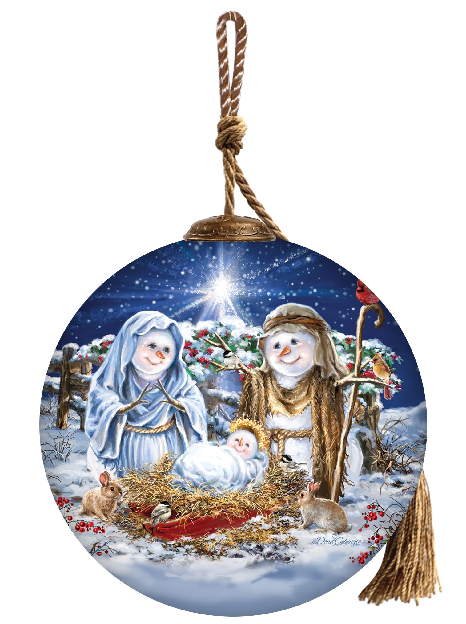 Hand-painted glass ornament featuring a snowman nativity scene with baby Jesus in a manger, surrounded by woodland creatures and illuminated by the Christmas star.