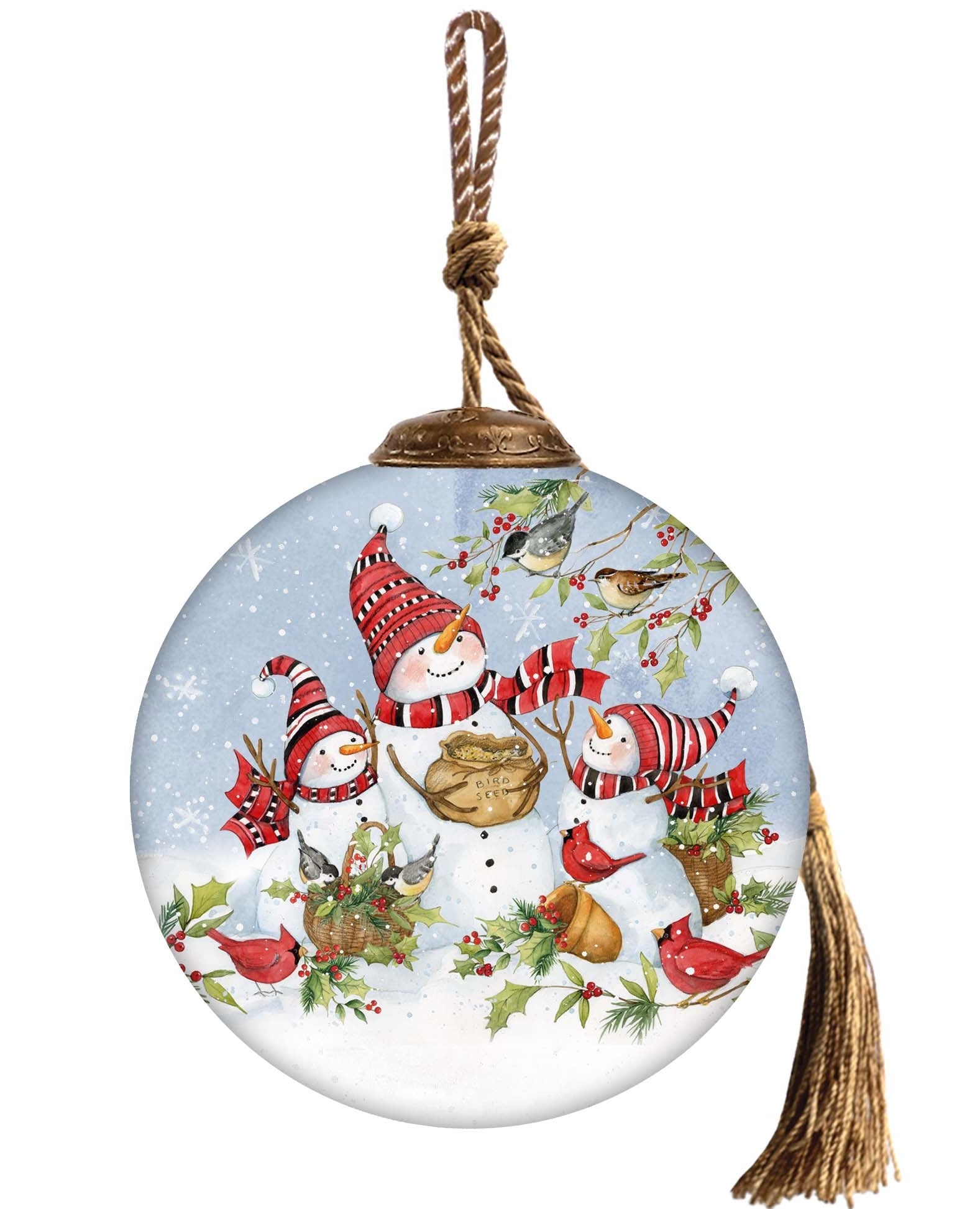 Hand-painted glass ornament featuring a joyful snowman family with red-striped hats, surrounded by cardinals and woodland animals in a snowy festive scene.