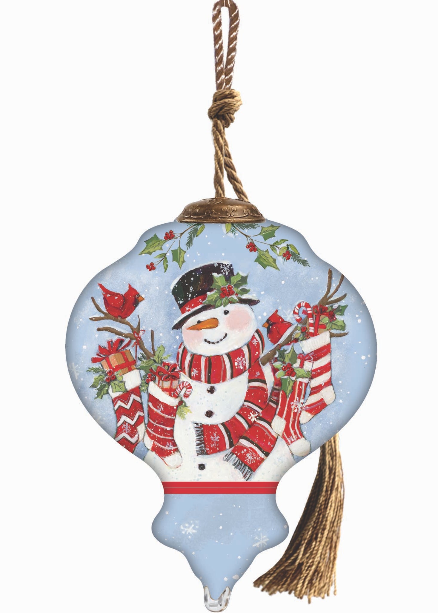 Hand-painted glass ornament featuring Santa holding stockings filled with gifts, surrounded by festive holly in a snowy scene.