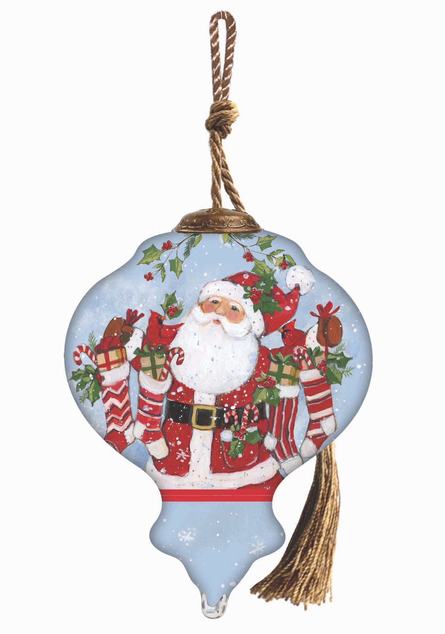 Hand-painted glass ornament featuring Santa holding stockings filled with gifts, surrounded by festive holly in a snowy scene.