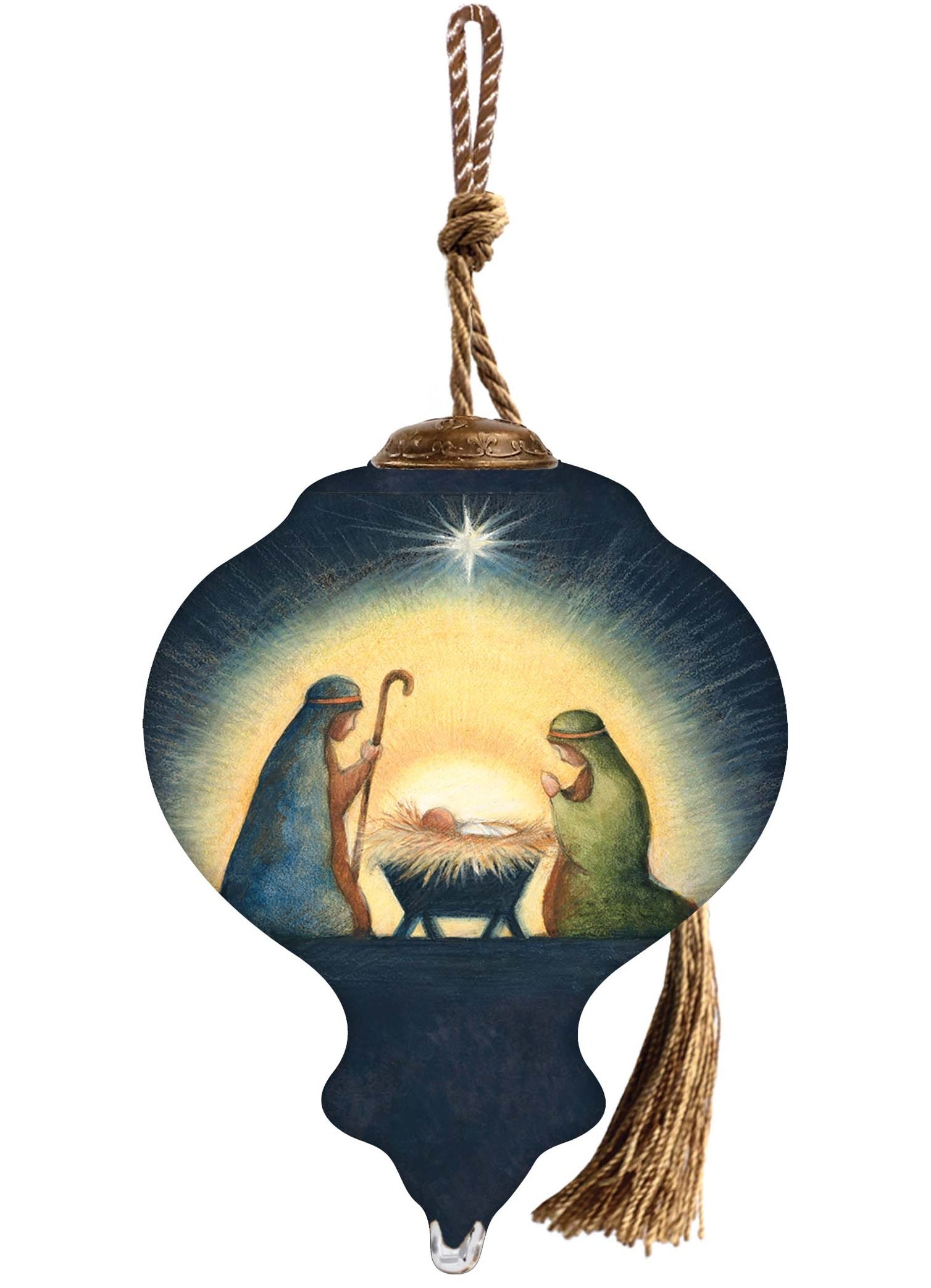 Hand-painted glass ornament depicting the Nativity scene with Mary, Joseph, and baby Jesus under a shining star in a peaceful, radiant setting.