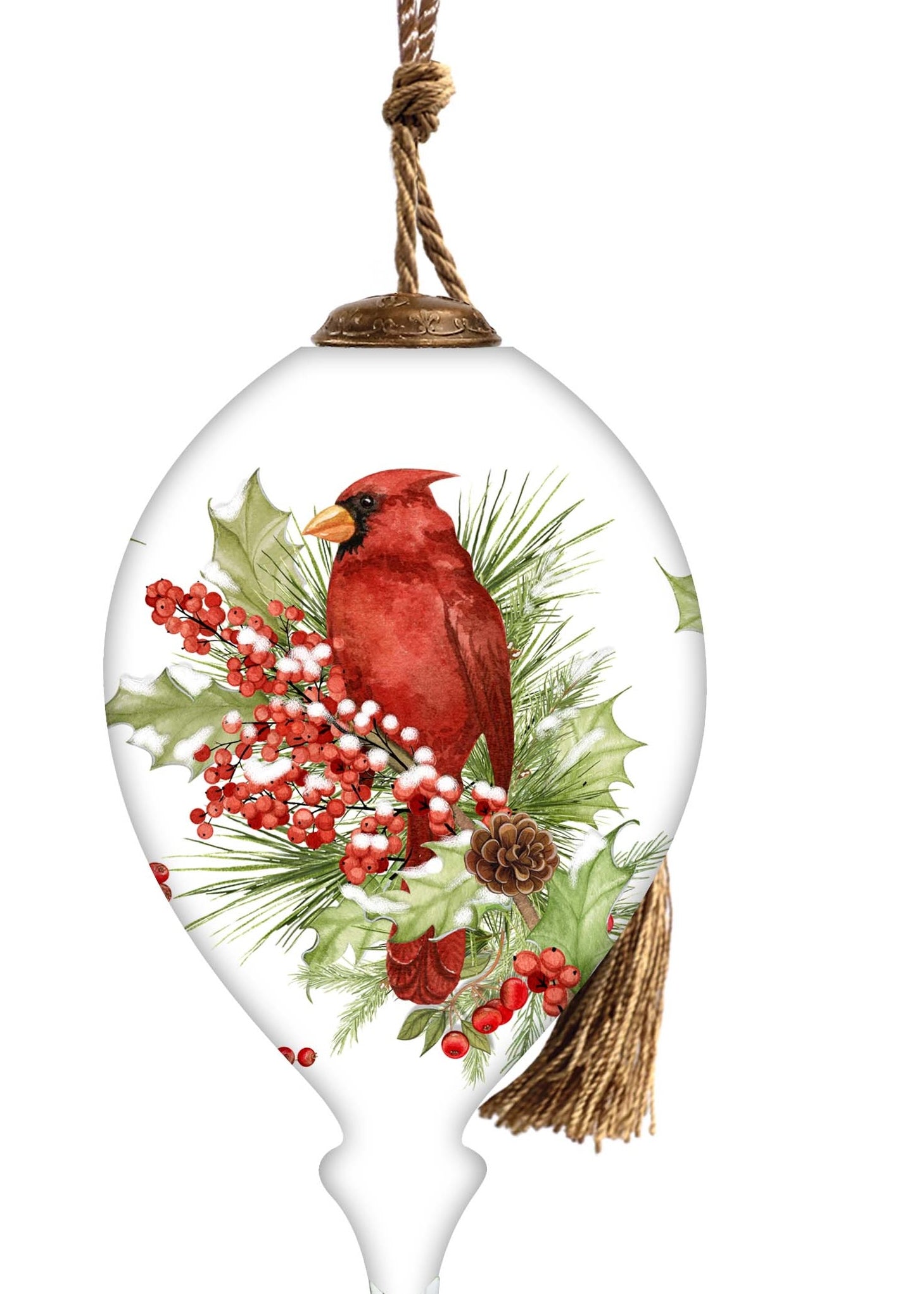 Hand-painted glass ornament featuring a red cardinal perched on festive greenery with holly, berries, and pinecones.
