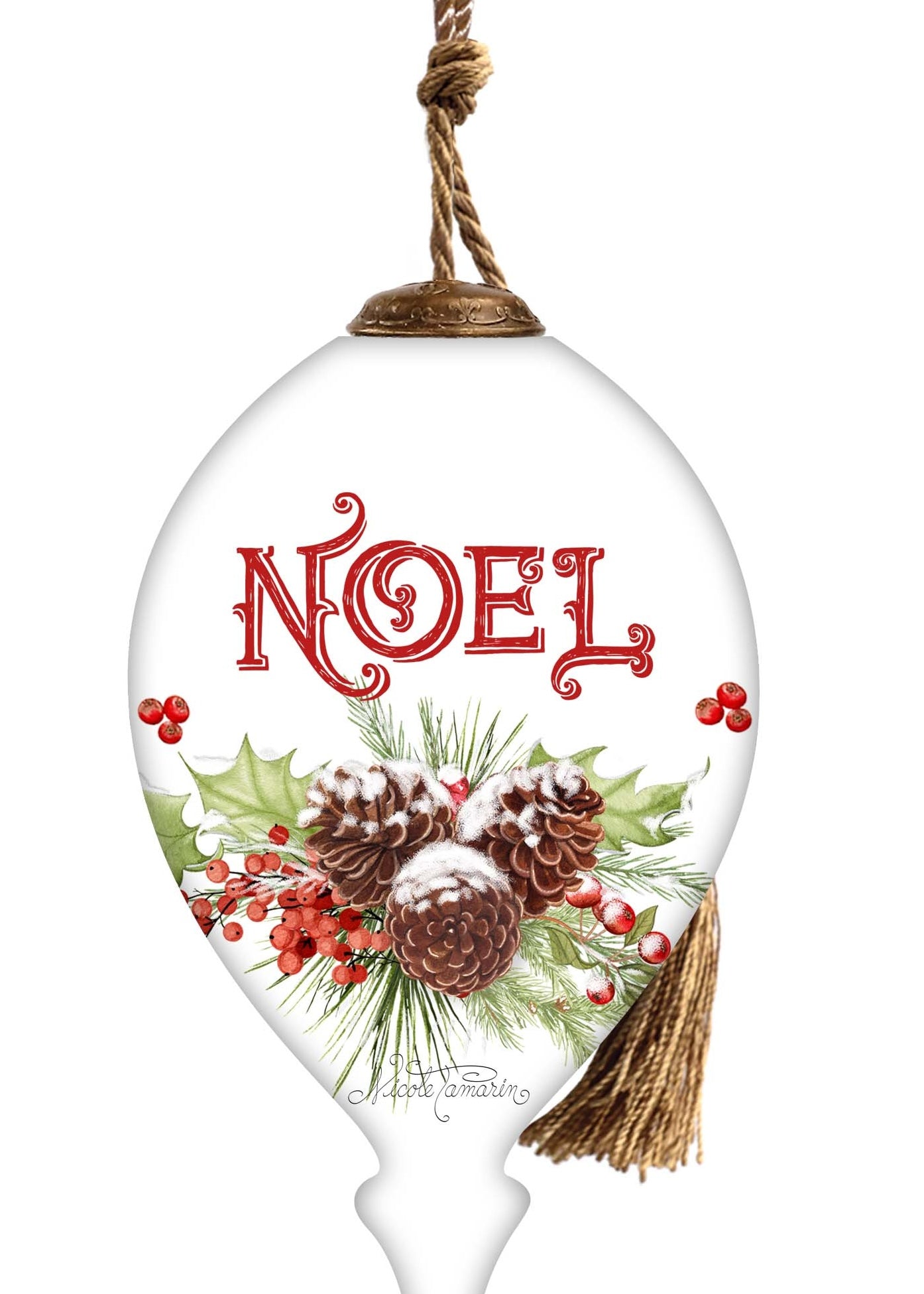 Hand-painted glass ornament with the word "Noel" surrounded by pinecones, holly, and festive berries.