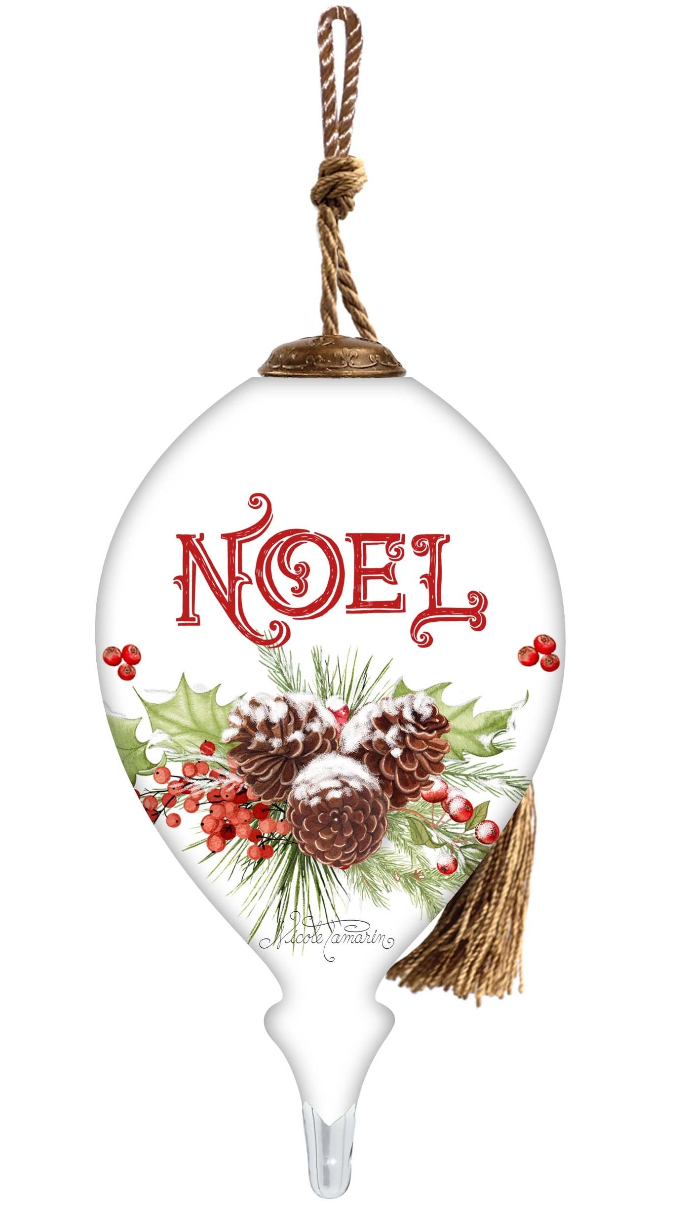 Hand-painted glass ornament with the word "Noel" surrounded by pinecones, holly, and festive berries.