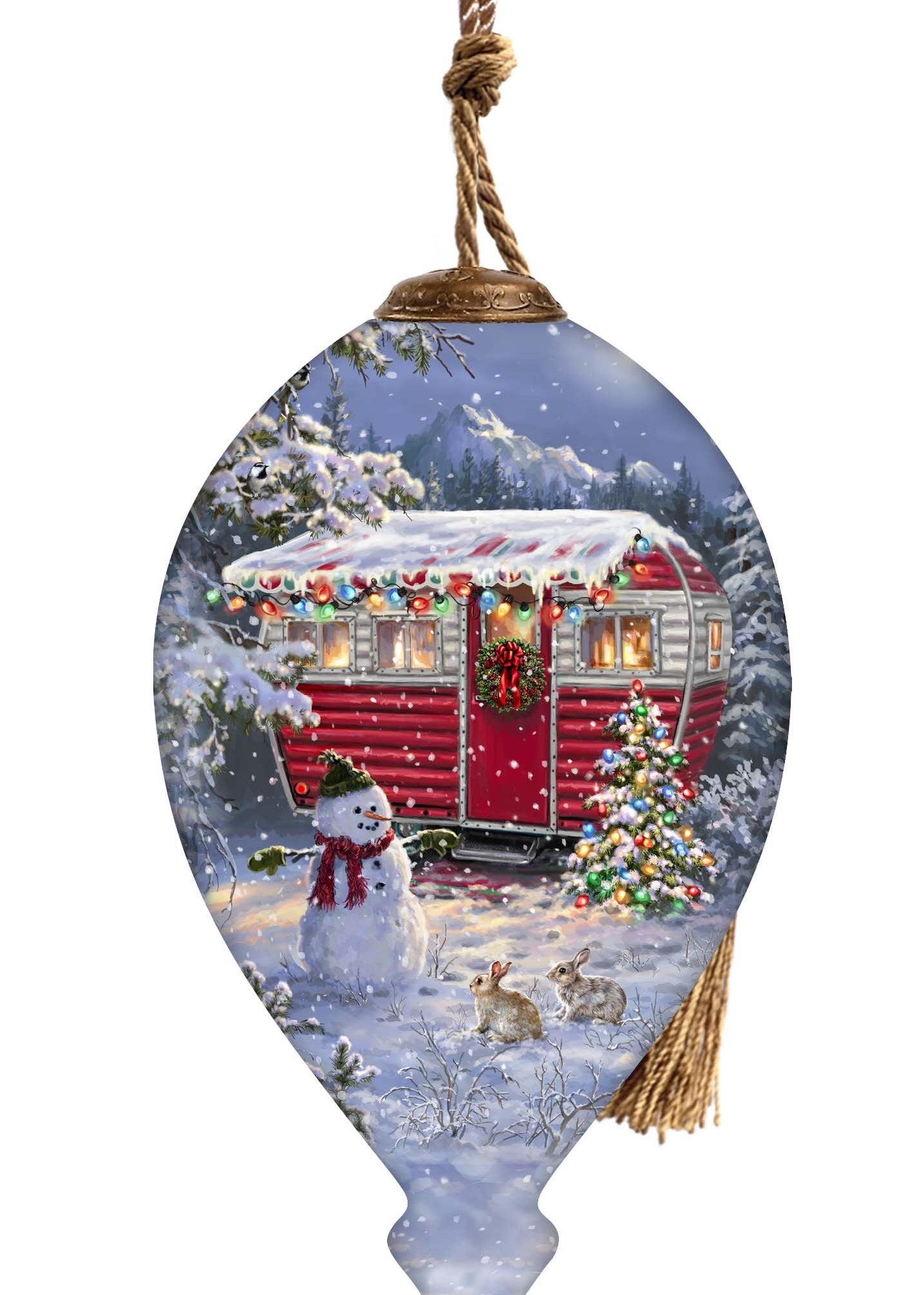 Hand-painted glass ornament featuring a red camper decorated with Christmas lights, a snowman, and woodland animals in a snowy winter forest.