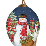 Christmas Morning Snowman with Gifts Hand-Painted Glass Ornament