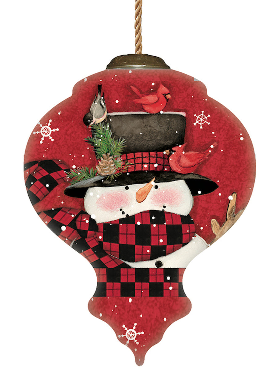 Woodland Plaid Pals Snowman Glass Ornament