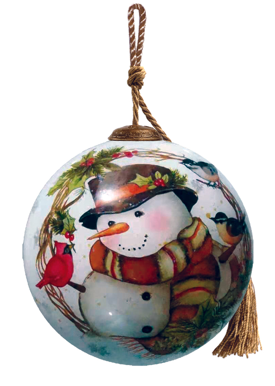 Winter Forest Snowman Wreath Glass Christmas Ornament