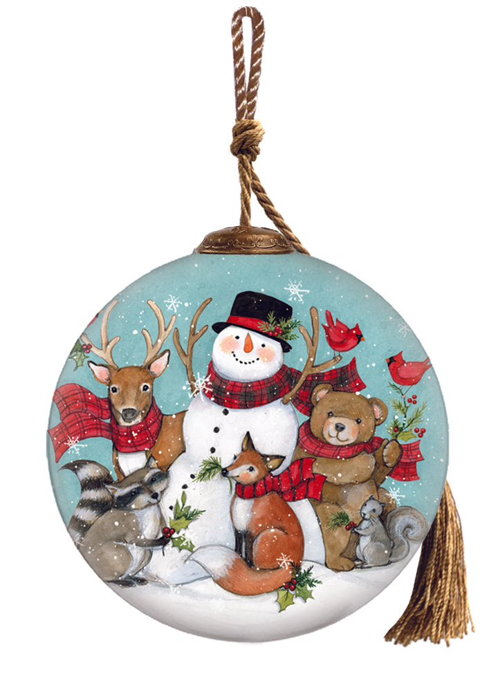 Snowman with Forest Animals Christmas glass Ornaments- Front